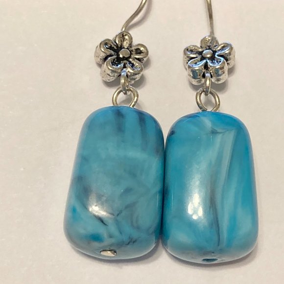 Aqua Turquoise Art Bead Earrings Acrylic Swirl Silver Plated Flowers Boho - Picture 9 of 11